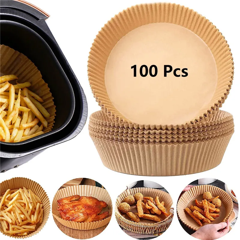 50/100pc Air Fryer Parchment Paper Liner 16/20cm Non-Stick Disposable Paper Tray Basket Liner for Oven Baking Microwave Roasting