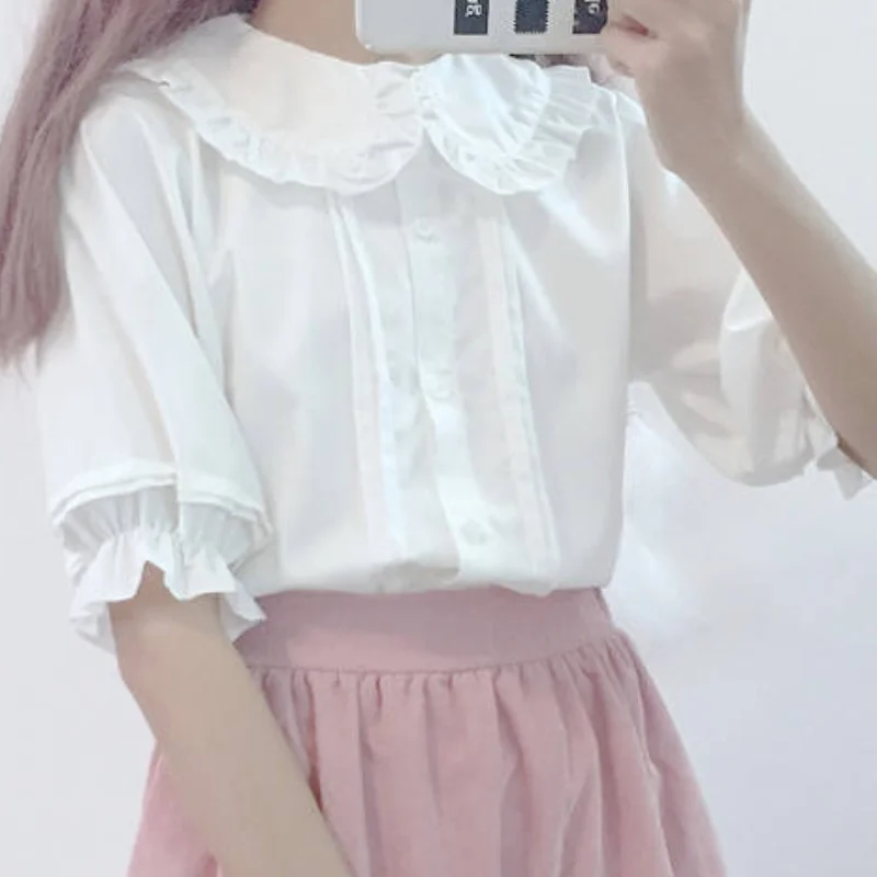 

White Shirt Kawaii Peter Pan Collar Preppy Style Blouses Woman Sweet Ruffle Short Sleeve Tops Summer 2022 Fashion