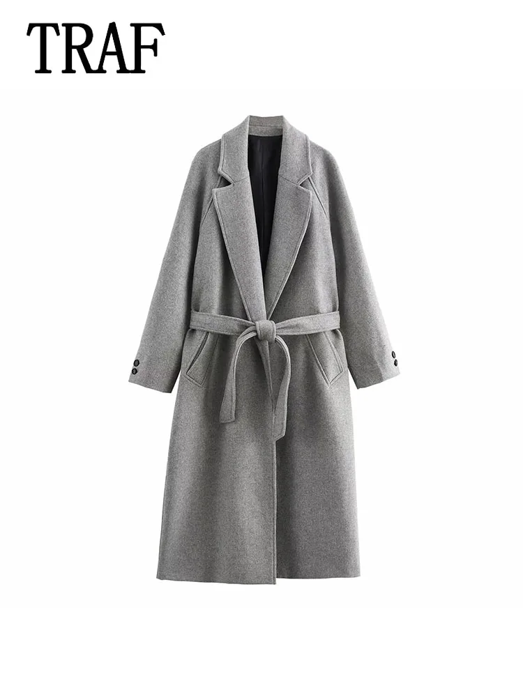 TRAF женское повседневное пальто с длинным рукавом двубортное однотонное длинное