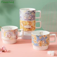 high value flower rabbit ceramic cup stackable mug and coaster drinking tea cup girl cute milk oatmeal coffee cup home water cup