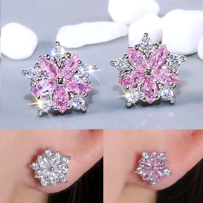 

South Korea's hot new style simple temperament flower earrings sweet full diamond zircon copper earrings ins Dongdaemun