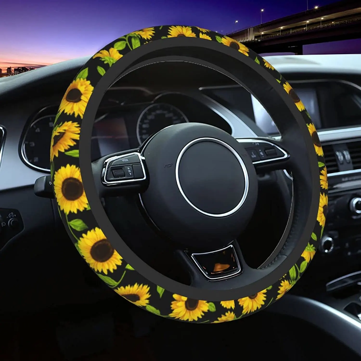 

Sunflower Steering Wheel Cover for Women Girl Black Floral Non-Slip Neoprene Car Accessories Protector Case Universal 15 Inches