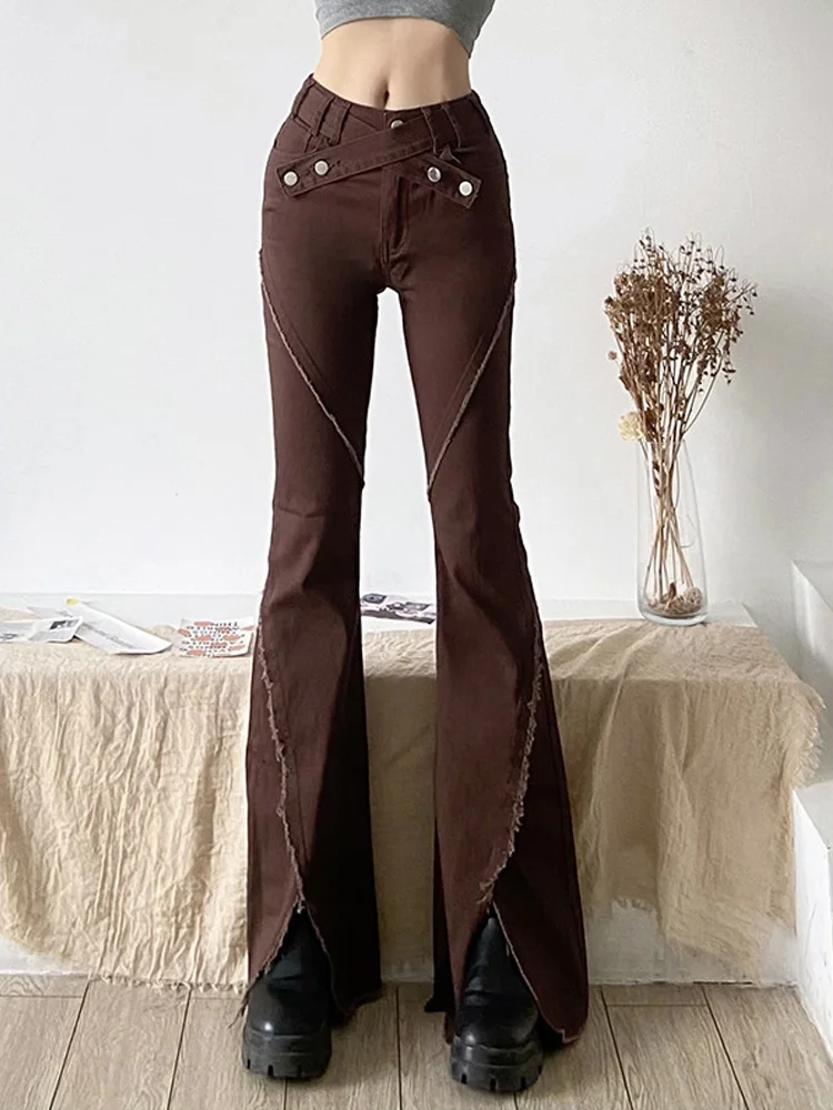 Brown Silm Splicing Flare Pants For Women Clothes Streetwear Sexy Pantalones High Waist Trousers Belt Design Button Zipper Mujer
