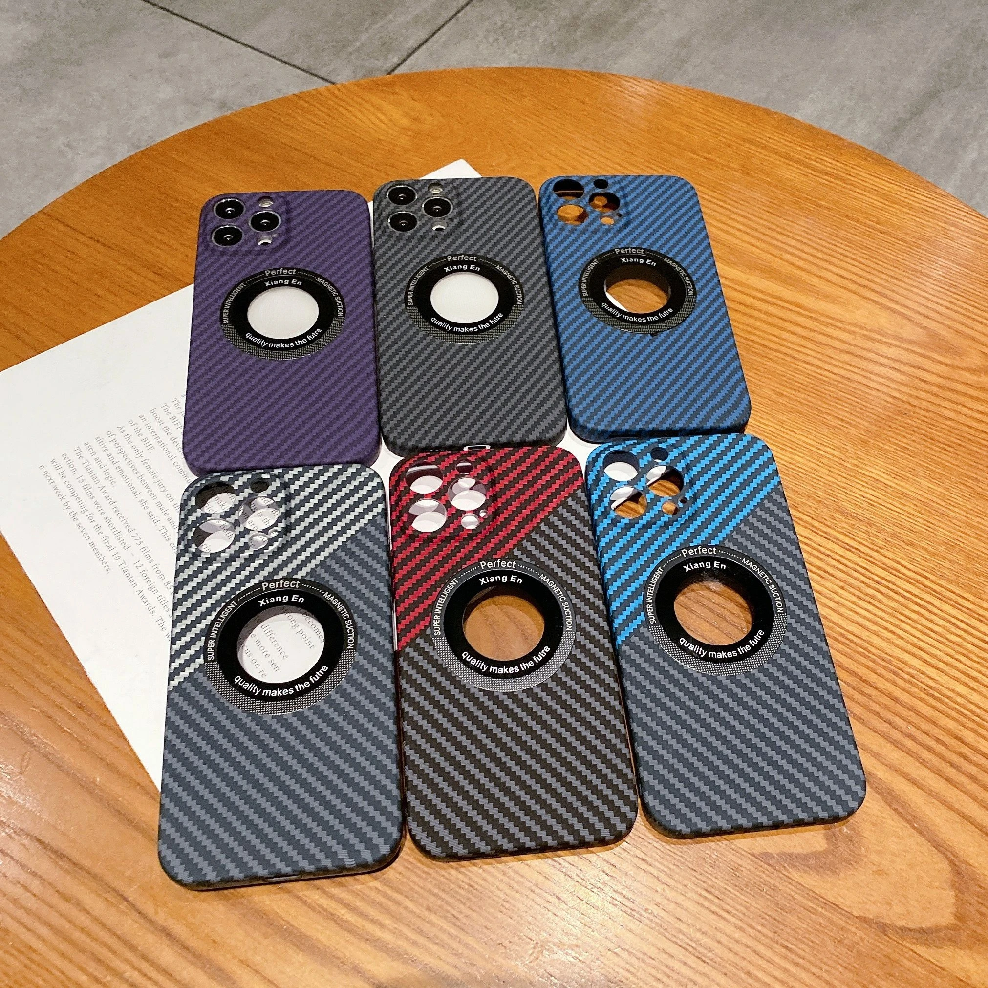 

Luxury Carbon Fiber Texture Expose Logo Wireless Charging Phone Case For iPhone 13 14 Pro Max 12 Pro Magnetic Protective Cover