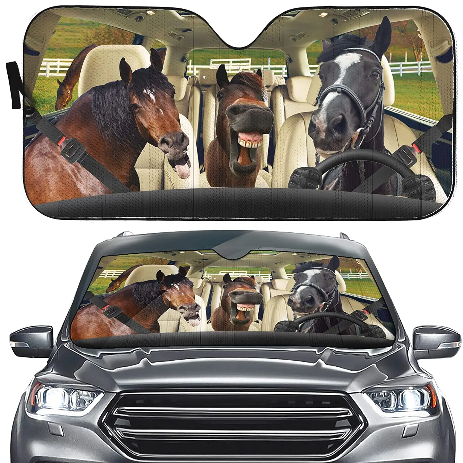 

YOSA Funny Farm Horse Auto Windshield Sun Shade Horse Driving Car Front Window Visor Shade Sun Heat Reflector Anti-UV Country