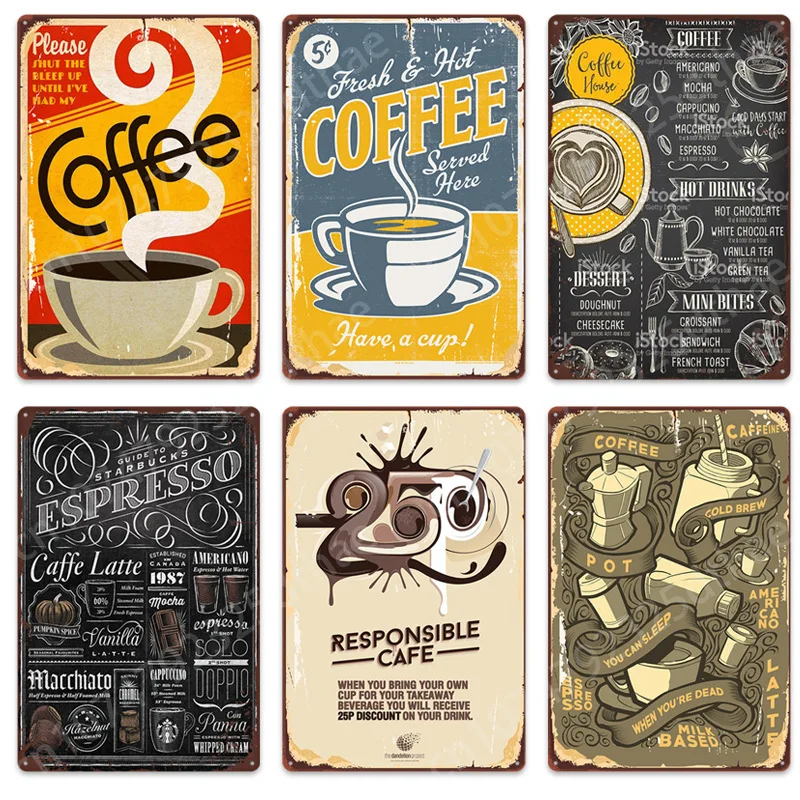 

Cafe Vintage Metal Tin Sign Coffee Shop Restaurant Pub Bar Wall Decor Art Plaque Home Kitchen Decoration Iron Painting Posters