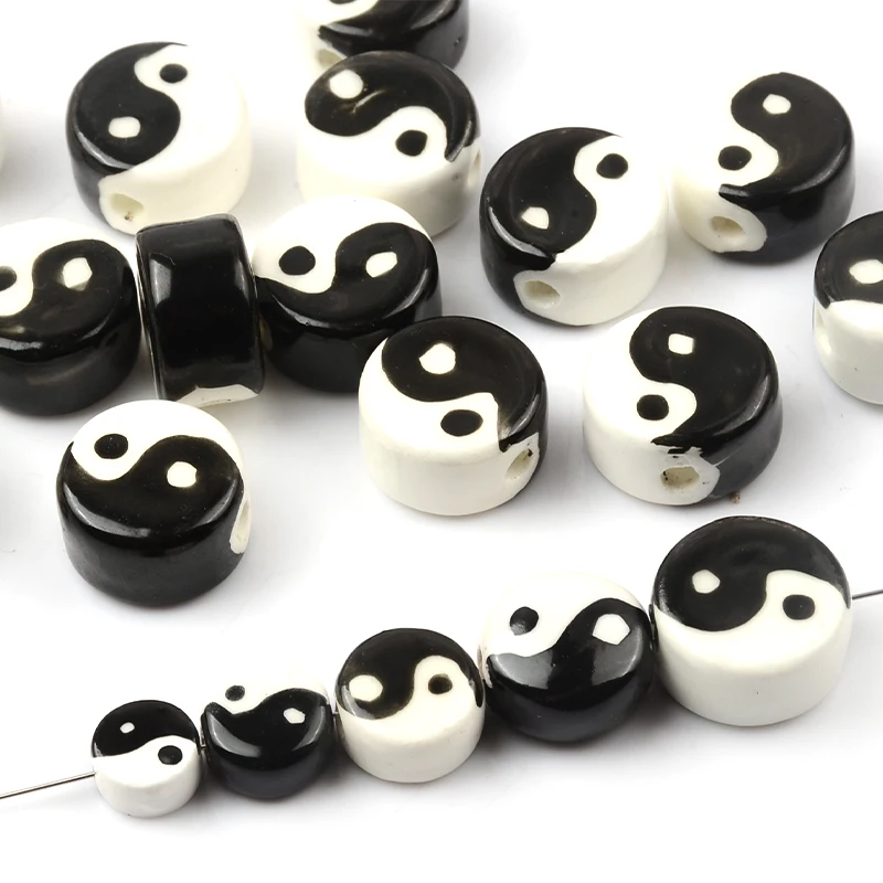

10pcs/lot Ceramics Beads Tai Chi Gossip Ancient Style Flat Round Spacer Beads Bracelet Diy Jewelry Accessories Wholesale