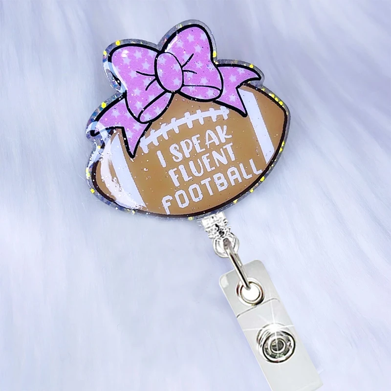 

New 2024 Girly Football Badge Reels Cute I Speack Fluent Football University Sports Badge Reels for Her