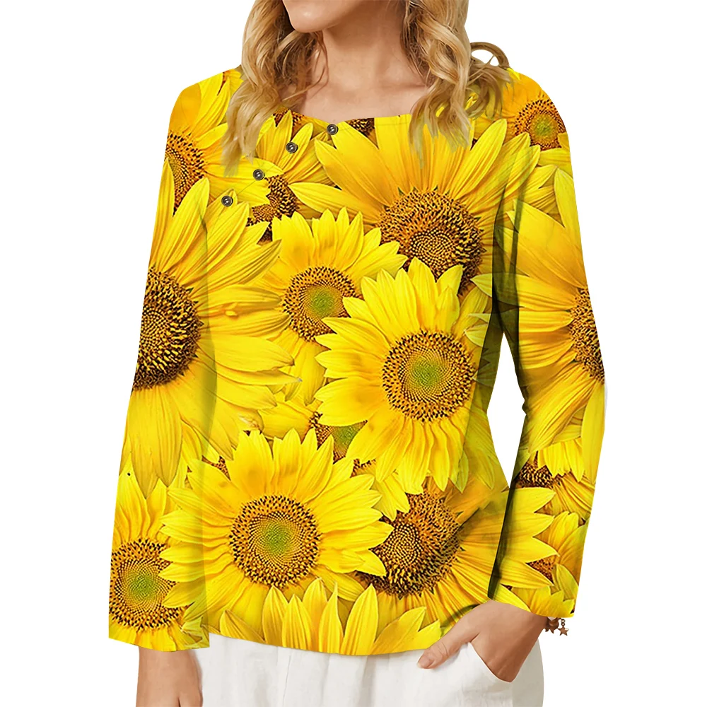 

CLOOCL Fashion Women T-shirt Beautiful Golden Sunflower Pattern 3D Printed Button Decorate Long Sleeve Tee Oversized Tops