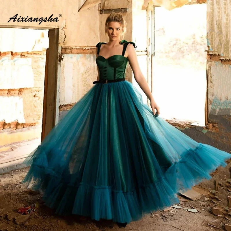 

Aixiangsha Green Dark Evening Dress Sash Tiered Off The Shoulder Celebrity Floor-Length Princess Gowns Spaghetti Custom Made