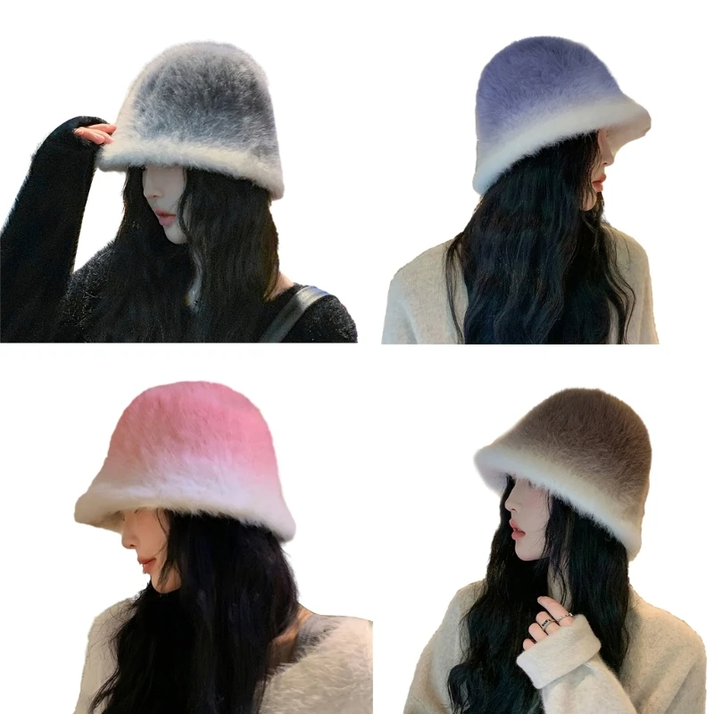 

Bucket Hat for Women Soft Thick Plush Hat Girls Tie Dye Color Fisherman Cap Fashion Female Winter Autumn Headwear