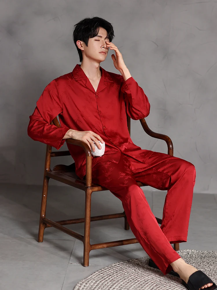 Пижамы для пар из ледяного шелка женские весенне-осенние мужские красные пижамы