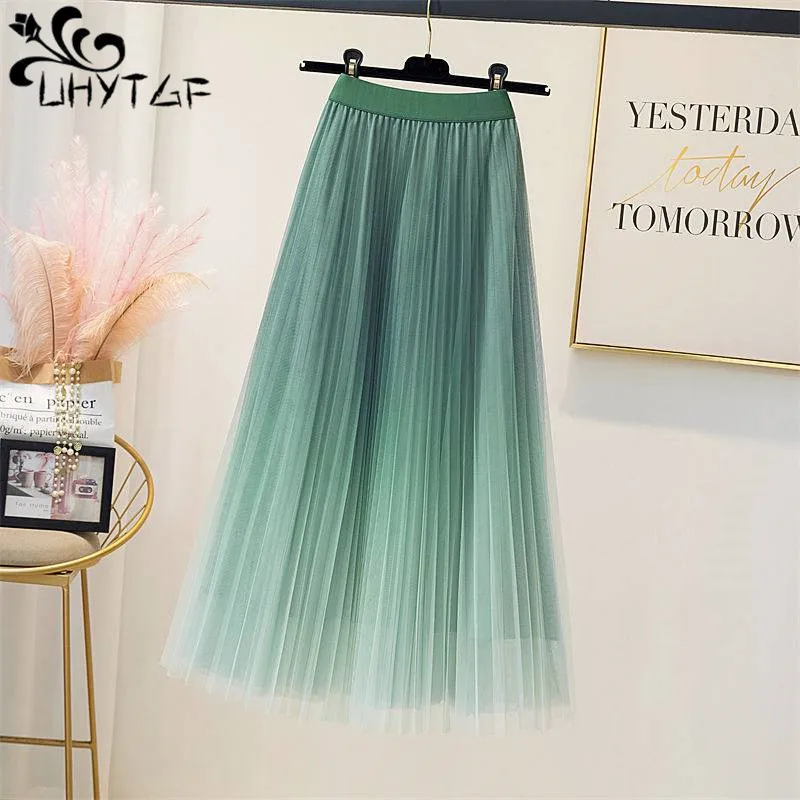 

UHYTGF Mesh Yarn Pleated Skirt Womens Summer New Starry Sky Gradient Network Yarn Mid-Length High-Waisted Womens Gauze Skirt 174
