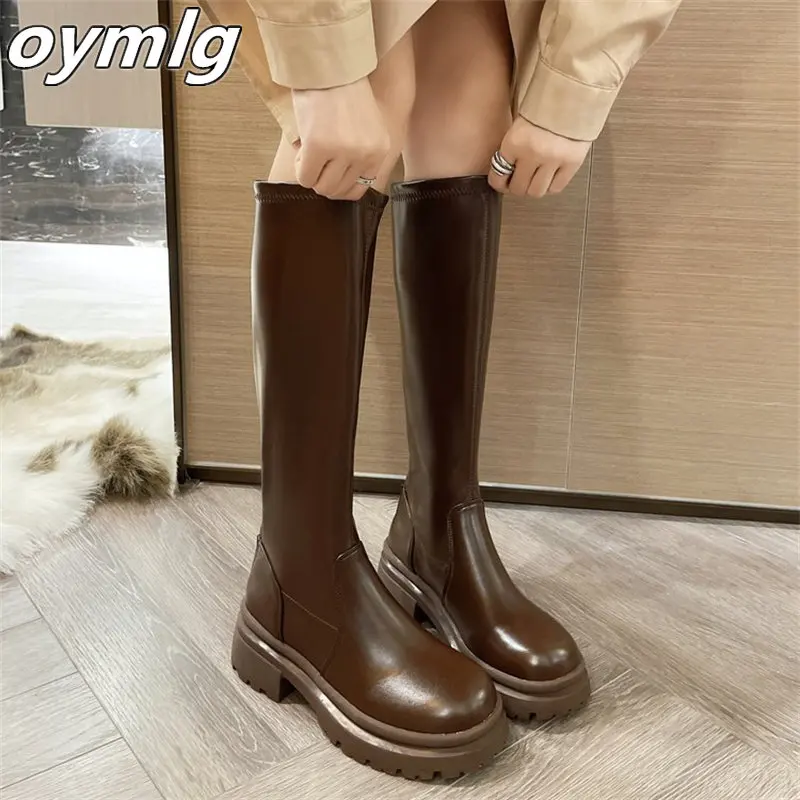 Autumn and winter new high boots women's round toe thick bottom but knee boots small elastic thin boots