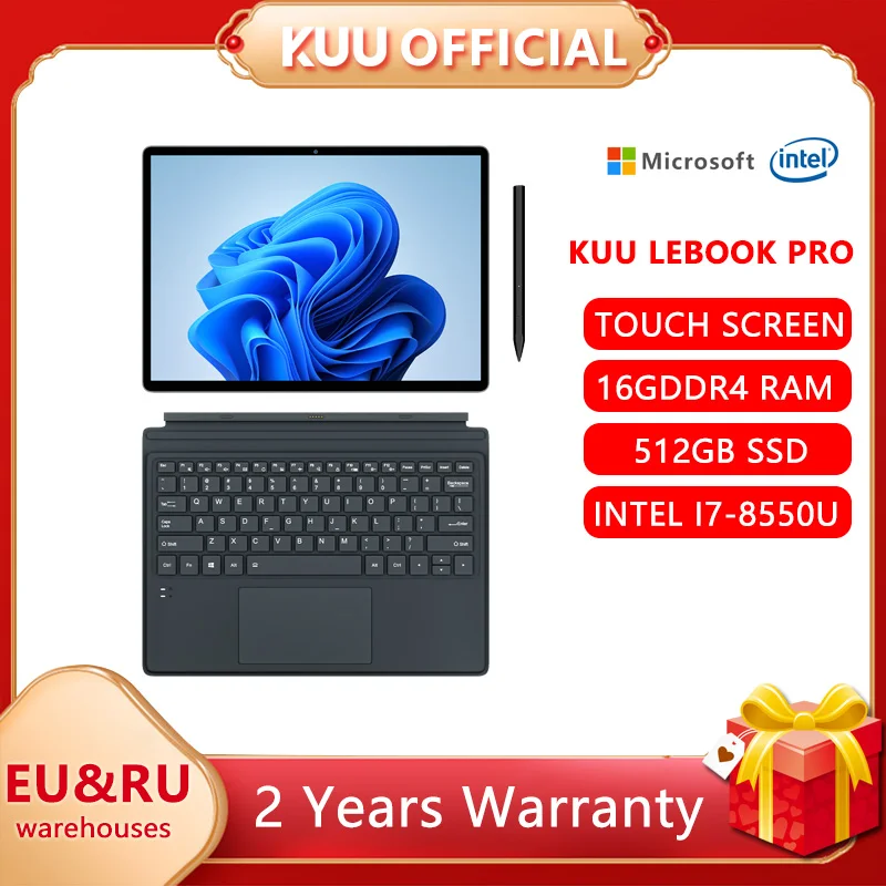 KUU 12.6 Inch Intel I7 8550U Windows 10 2.5K Touch Screen 16GB DDR4 512GB PCIE 2 in 1 Laptop Fingerprint Camera Tablet Computer