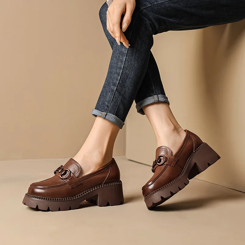 Platform Punk Women Loafers Cow Leather Round Toe Black Brown Metal Chain Oxfords Shoes Retro Slip on Flats for Women Handmade