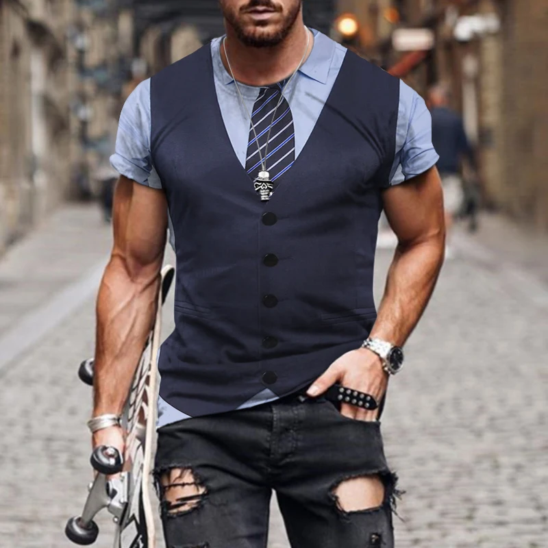 

Men Fake Suit Vest Design Casual Street Sports Short Sleeve T-Shirt Oversized Retro Style 3D Printing Summer Round Neck Top Tees