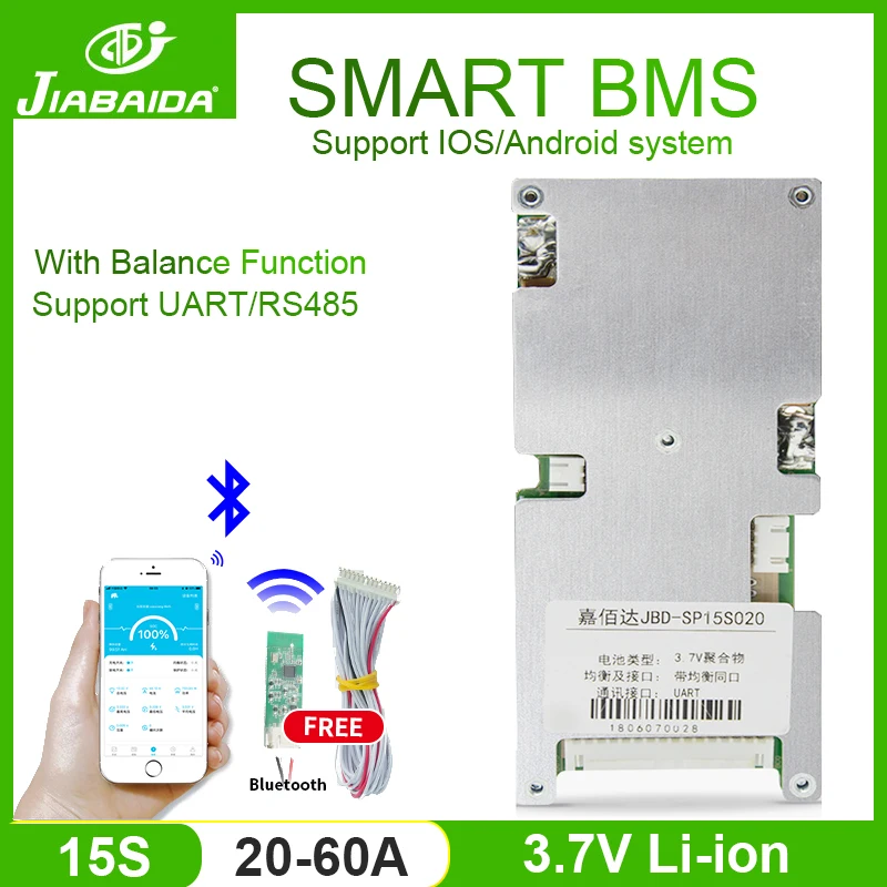 

JIABAIDA Smart BMS Board 15S for 3.7V Li-Ion 3.2V Lifepo4 Battery Pack 20A 30A 40A 50A 60A Bluetooth Ebike Lifepo4 JBD Bms