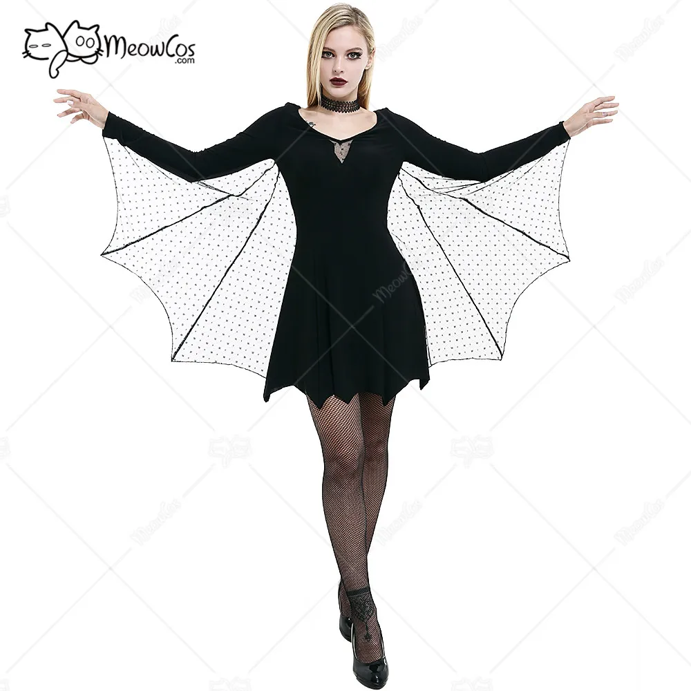 

Dark Style Gothic Punk Women V Neck Sheer Bat Sleeve Long Sleeve A Line Short Dress Bat Wing Dress Halloween Costume Outfit