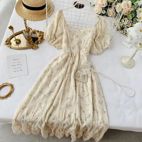 Summer Fairy Dress Women French Style Vintage Retro Chiffon Dress Puff Sleeve Casual Elegant Floral Print Dress Women 2022 New