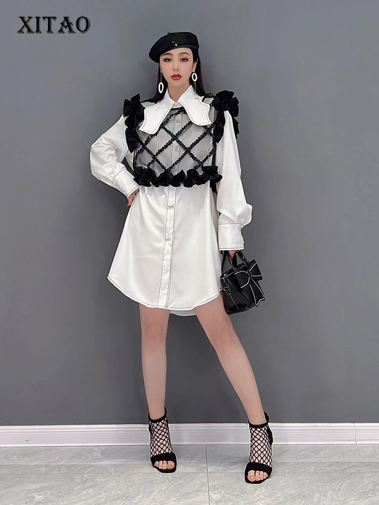 

XITAO однотонное однобортное платье для женщин в Корейском стиле, весна 2022, Новое поступление, модное Свободное платье с отложным воротником и...