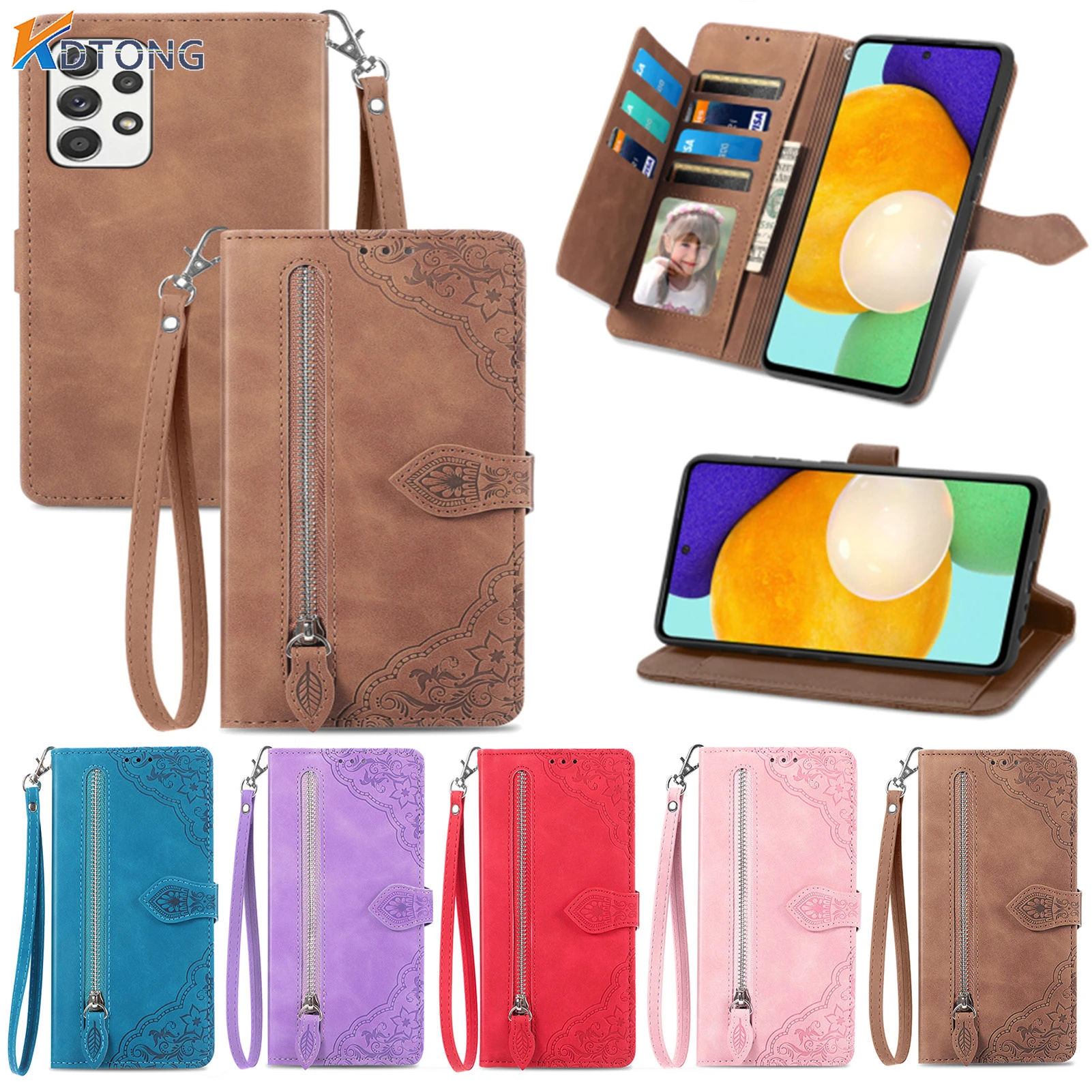 

Zipper Bags Case for Galaxy A73 A53 A33 A13 A22 A72 A52 A42 A32 A12 A82 A71 A51 A21S A31 A41 Embossed Flip Leather Wallet Cover