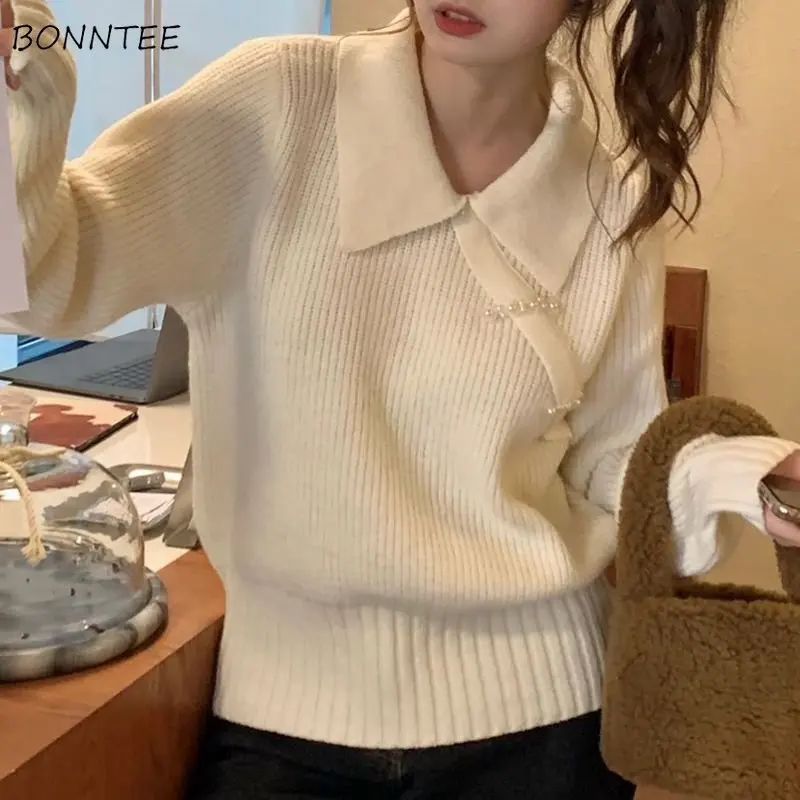 

Pullovers Women Pearls Knitting Solid Loose Creativity All-match Popular Simple Sweet Warm Korean Style Office Lady Causal New