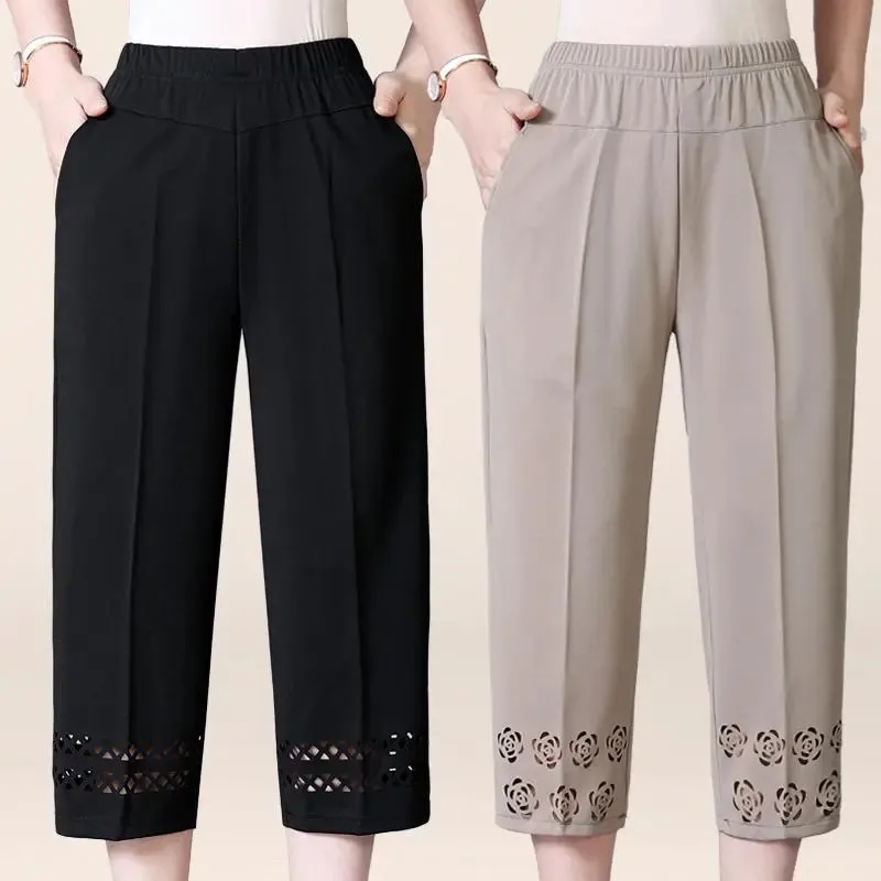 

Summer Thin Casual Pants Middle-Aged Elderly Women's Trousers Loose Straight High Waist Straight Calf-Length Pants Female