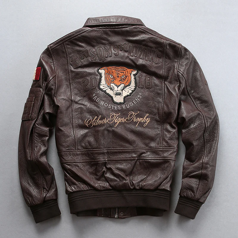

2022 Men's Genuine Leather Jacket Tiger Embroidered Leather Flight Suit Casual Style Large Size 4XL Sheepskin Jacket
