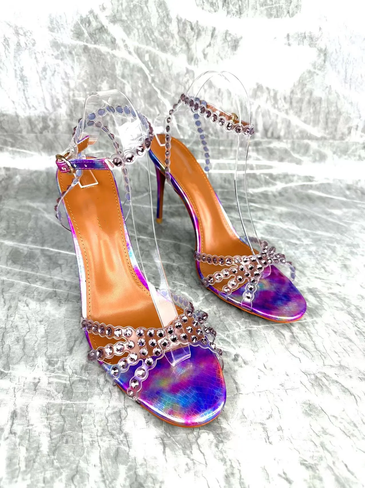 

2023 Summer New Rhinestone Gemstone Women's Sandals Open Toe Joker Heel Shoes
