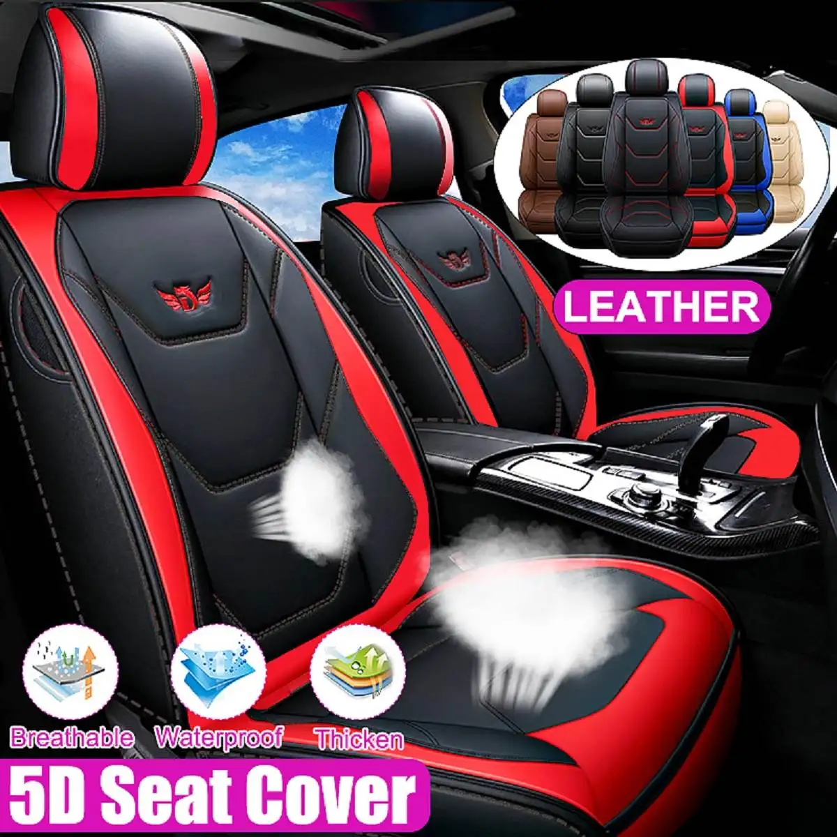 

1Set Red Universal Luxury PU Leather Full Car Seat Cover 5D Cushion Protector Non-Slip Mat Waterproof for Lada for Ford for BMW
