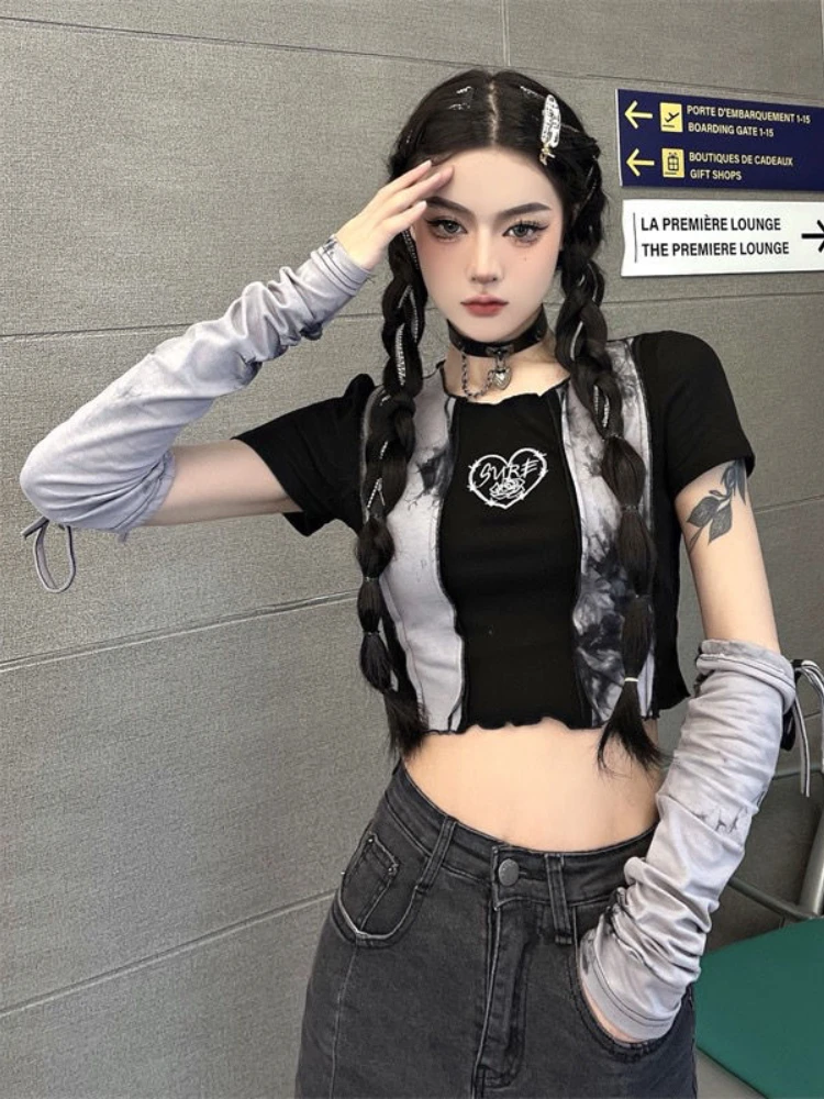 

Fashion Tie-dye T-shirts Women Summer Patchwork Short Sleeve Crop Tops 2022 New Slim Y2k Tees Streetwear