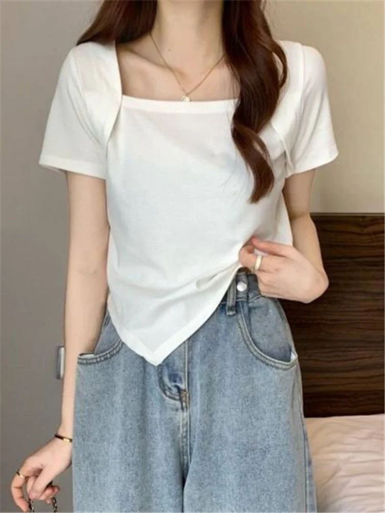 

Hsa 2022 Ins однотонная тонкая футболка с квадратным воротником женские новые летние футболки с коротким рукавом Харадзюку Необычные спортивны...