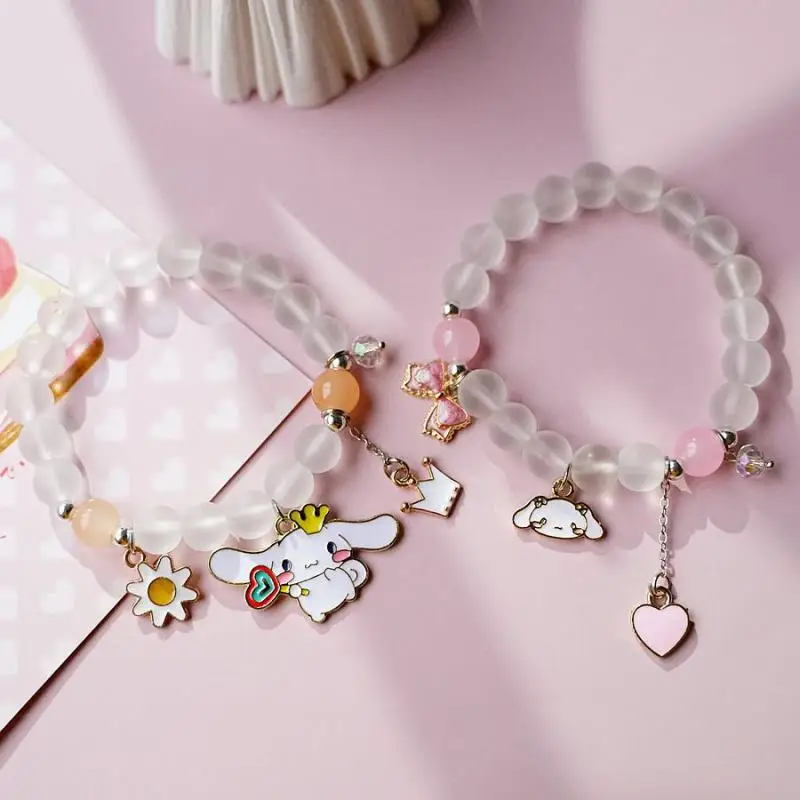 

Kawaii Sanrioed My Melody Cinnamoroll Pom Pom Purin Girls Cute Double Crystal Beaded Student Bracelet Toys for Girls