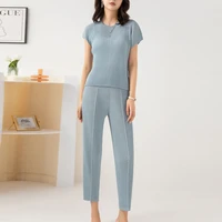 miyake pleated fashion casual set womens 2022 summer new sleeve stretch top high waist straight cropped pants two piece set