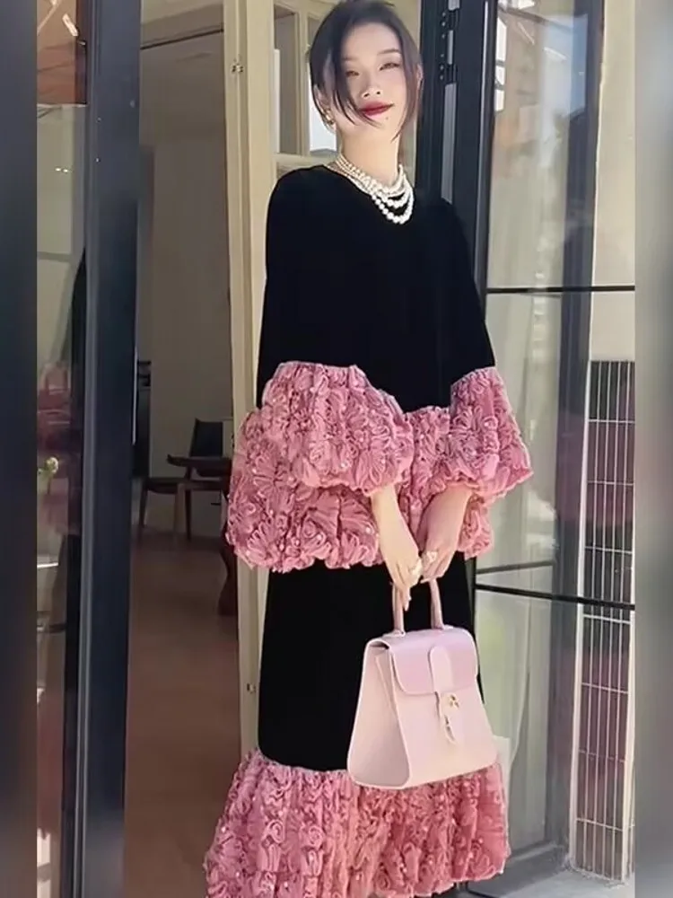 

Осенне-зимнее элегантное свободное бархатное длинное платье, женское повседневное винтажное платье макси с длинным рукавом, Vestidos винного, черного, розового цветов