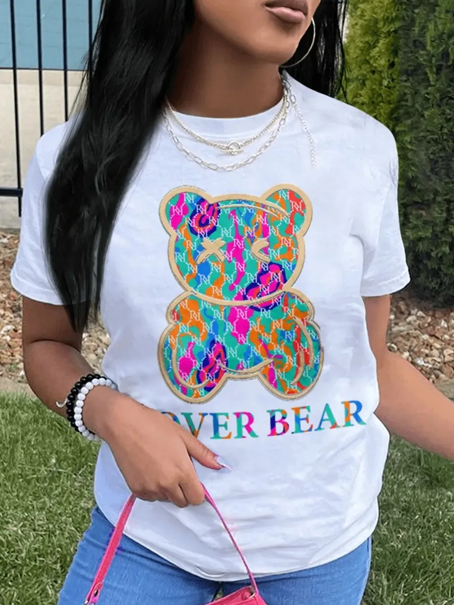 

LW Multicolor Top Cartoon Lover Bear Letter Print T-shirt Cotton-feel Round Neck Short Sleeve Regular Fit Summer Pullover Tees