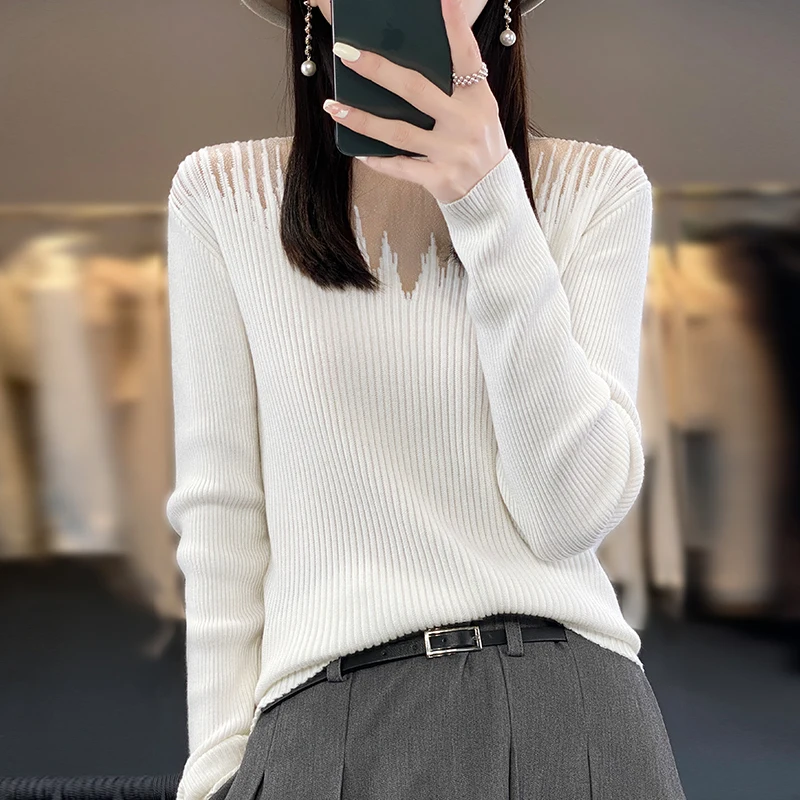 

Spring And Autumn New Women's Long Sleeve Hollow Out Fashion Design, Pure Color, Fine Imitation Wool, Chic Interior, Knit Top Fa