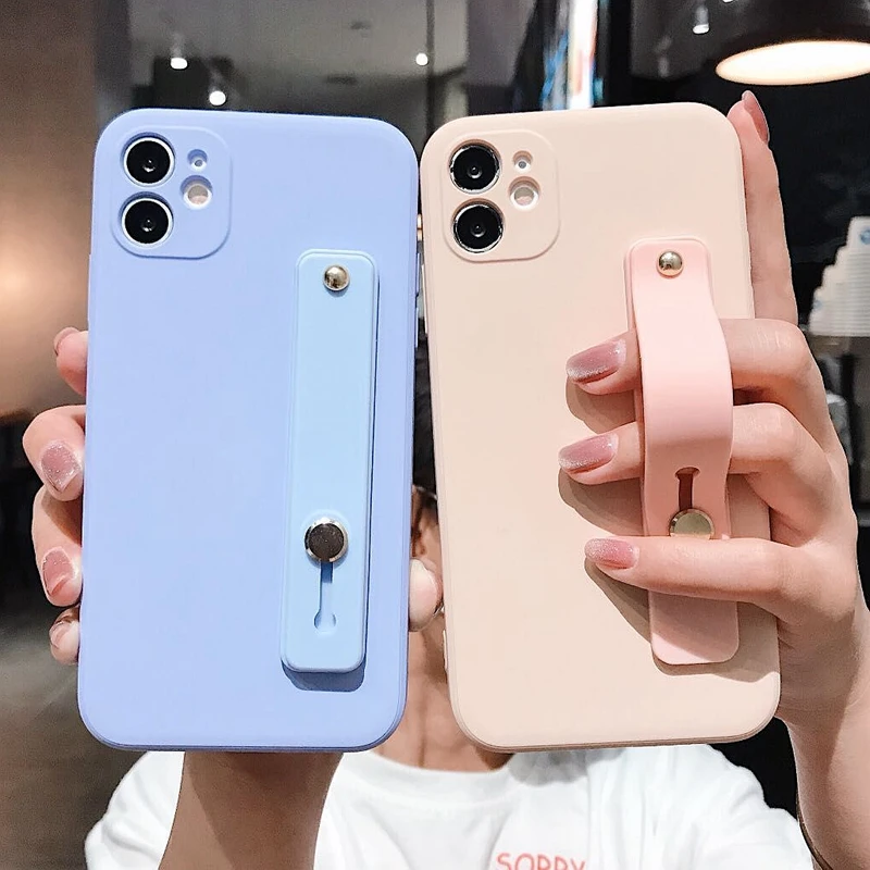 

Soft Square Liquid Silicone Wrist Strap Case For iPhone 11 pro MAX X XR XS MAX 7 8 Plus SE 2020 Hand Band Kickstand Cases Cover