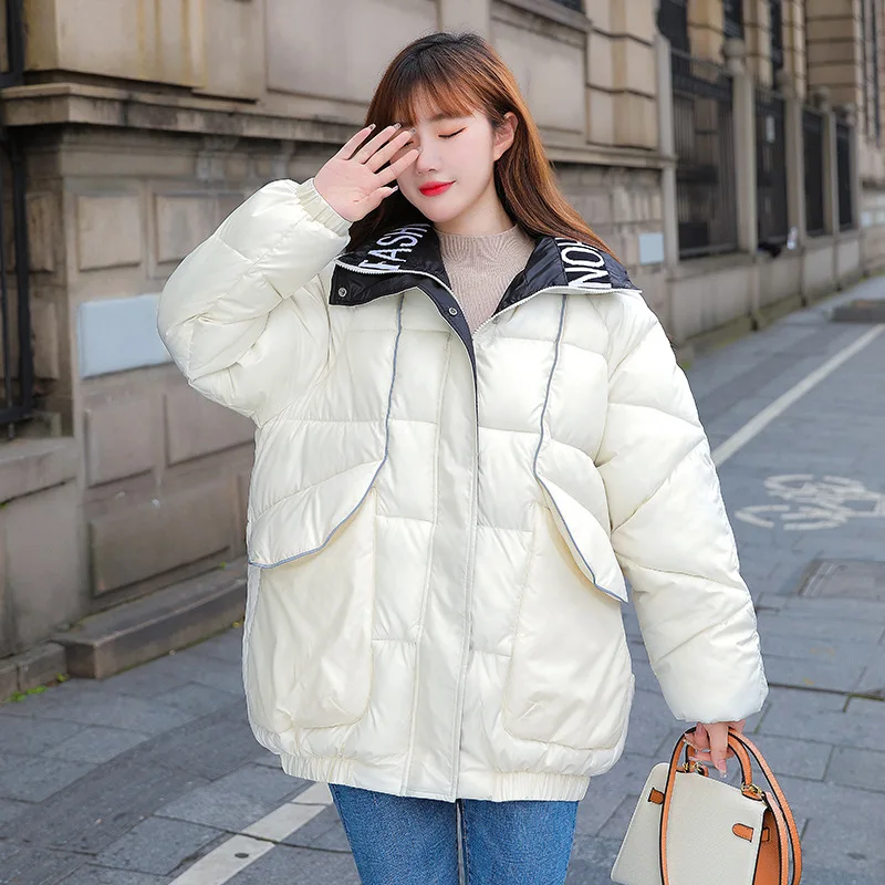 Women Oversized Bubble Coats Thick Letters Embroidery Puffer Jackets 2021 Female Autumn Winter Short Glossy Stand Collar Coat