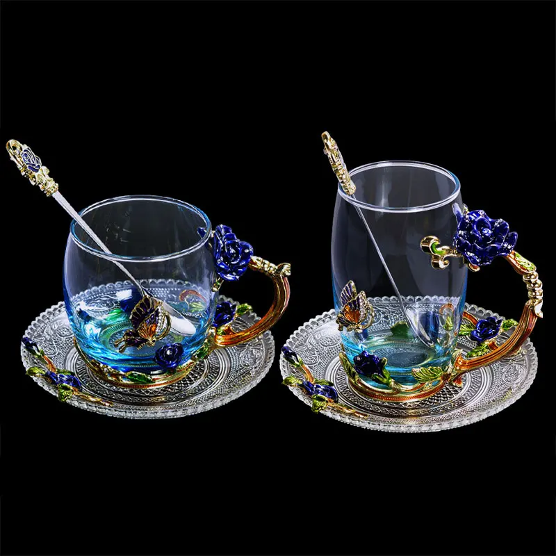

300/400ml Blue Rose Enamel Crystal Cup Flower Tea Glass High-grade Water Cup Flower Mug with Handgrip Gift For Lover Wedding