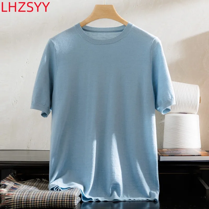 

LHZSYY 100%Pure Cashmere Short sleeve T-Shirt Men's Summer Worsted Knit Half Sleeve Pullovers Middle-aged Vest High-End Thin Top