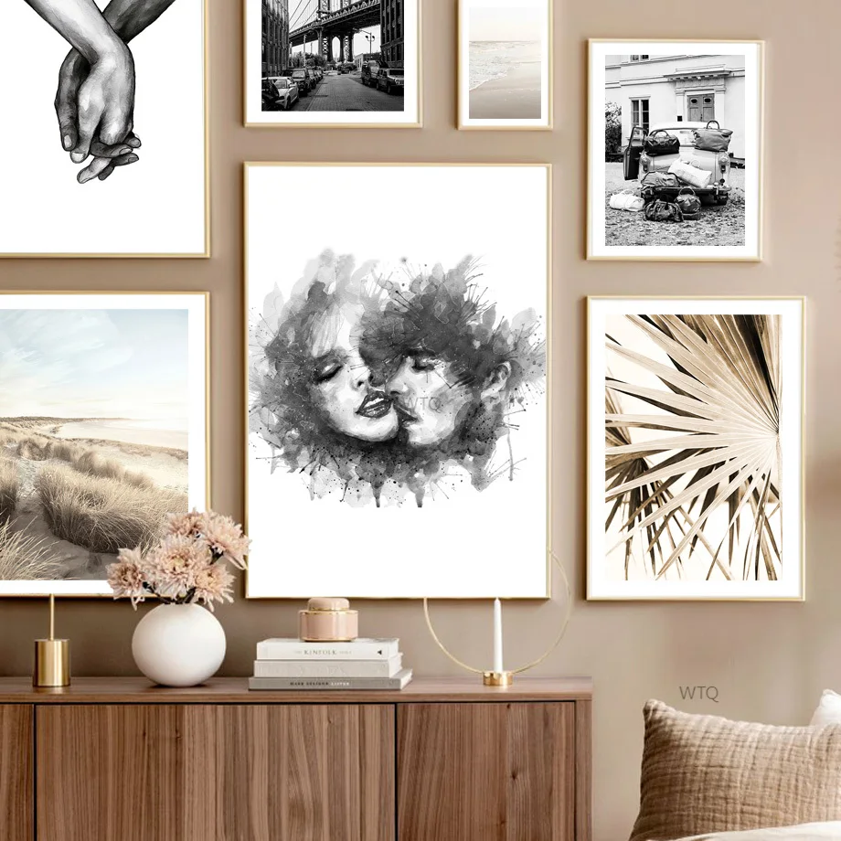 

Nordic Vintage Poster Lover Kiss Palm Leaf Beach Grass Bridge Wall Art Print Canvas Painting Decor Pictures Living Couple Room