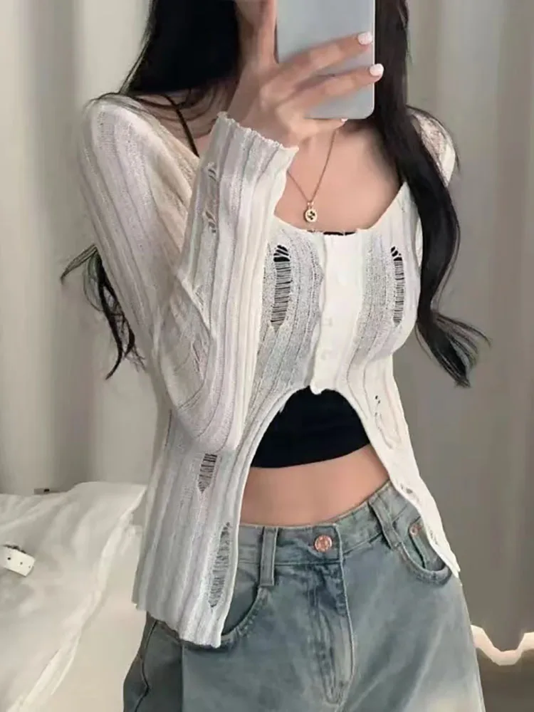 Женский трикотажный кардиган с дырками прозрачный тонкий свитер длинным рукавом