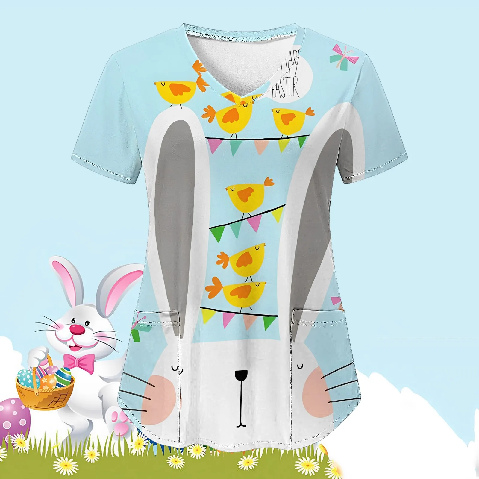 

Women Casual Easter Bunny Print Short Sleeve V Neck Pocket Loose Top Carer Suit Petite Mock Turtleneck Womens Casual Work Tops