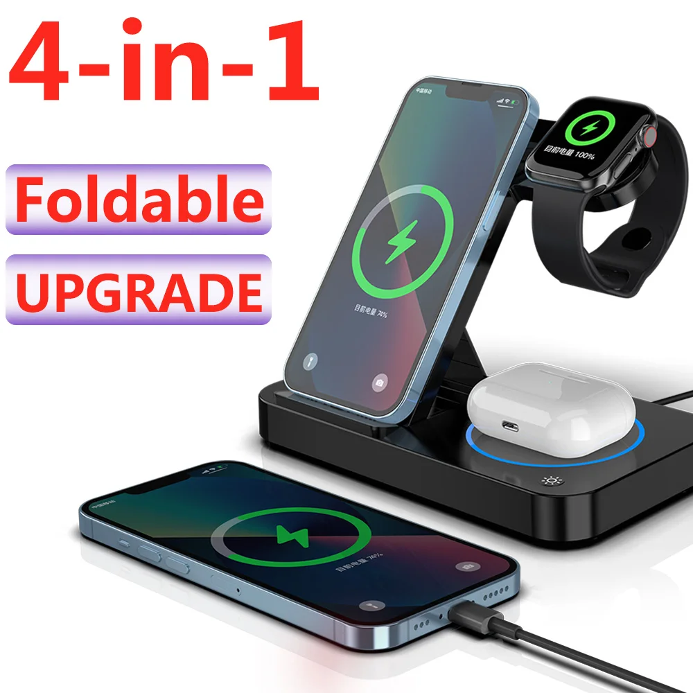 Qi Fast 4 in 1 Phone Wireless Charger with LED Foldable Charging Station Dock Stand for Apple iPhone 13 iWatch 7 Airpods Pro