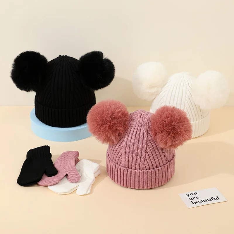 

2Pcs Winter Pompom Baby Beanie Cap Gloves Set Solid Color Knit Hat Mittens for Boy Girls Thicken Warm Kids Bonnet Gorras