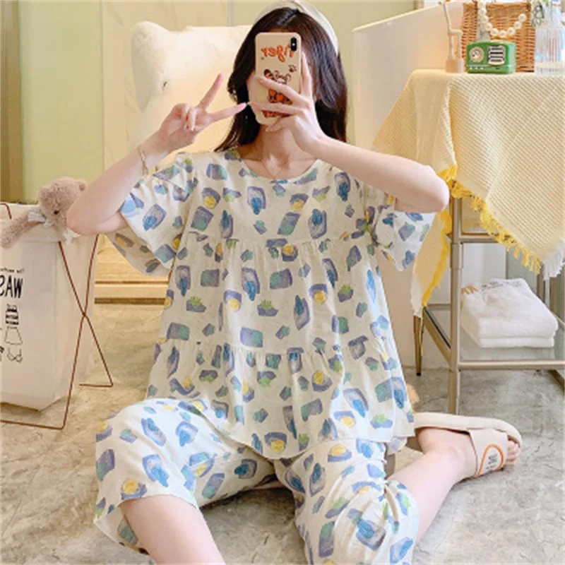 Autumn Pajamas Set Casual Mom Sleepwear For Women Elastic Pyjama Women's Cotton Fashion Cartoon Homewear Clothes Plus Size