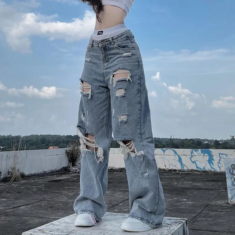 WeiYao Streetwear Straight Pants Womens Ripped Jeans Mid Waist Loose Wide Leg Pants Jeans Y2K Summer Plus Size High Street Jean