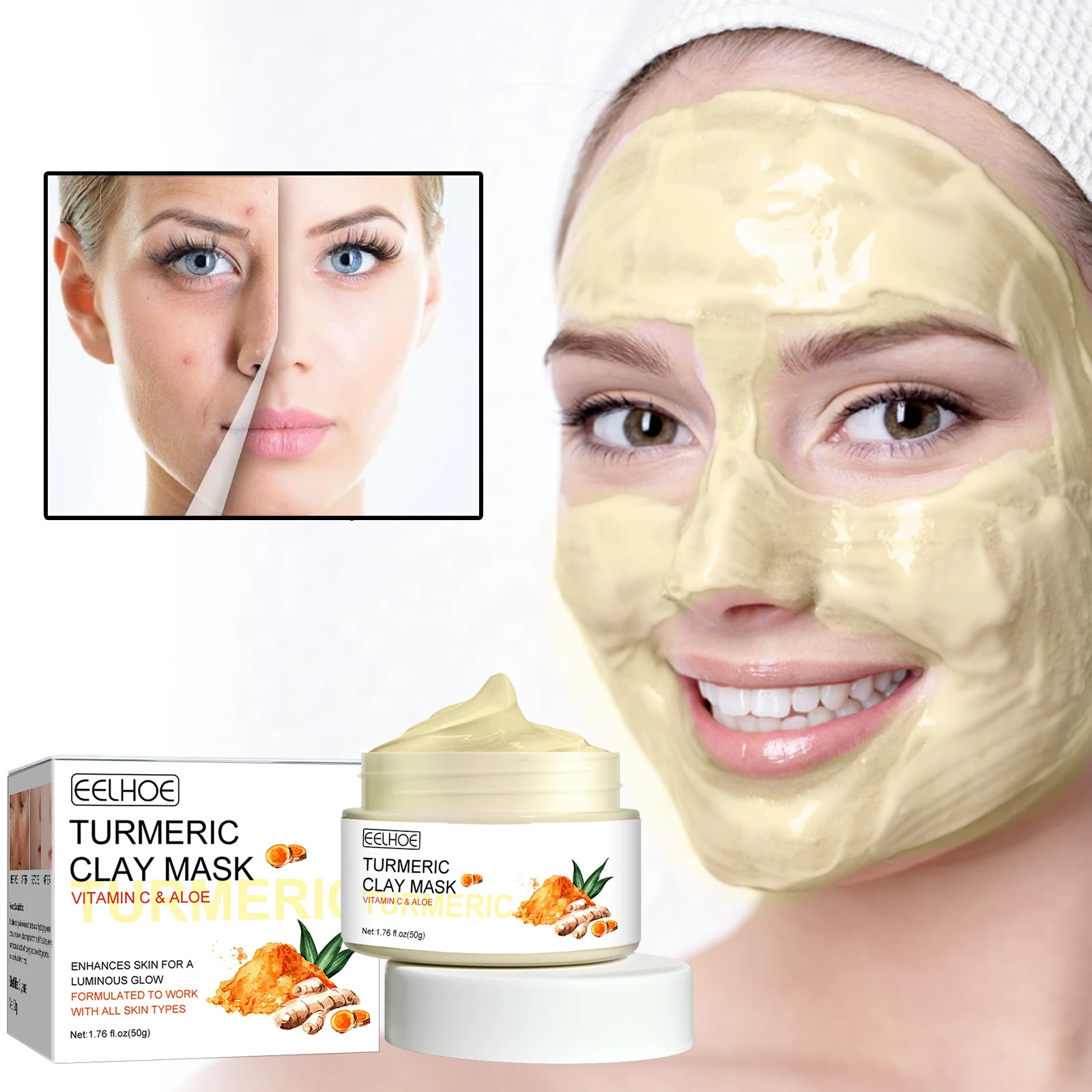 

Turmeric Extract Mud Mask Hydrating Facial Cleansing Blackheads Skin lightening Care Brighten Vitamin C Turmeric Clay Mask 50g